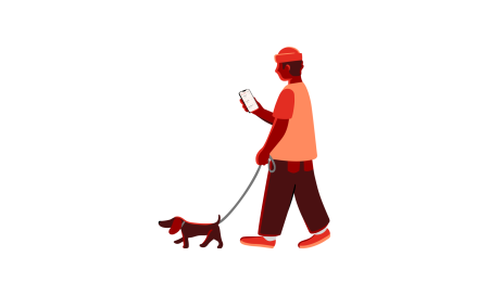 Illustrasjon av ung mann med mobil ute og lufter en hund