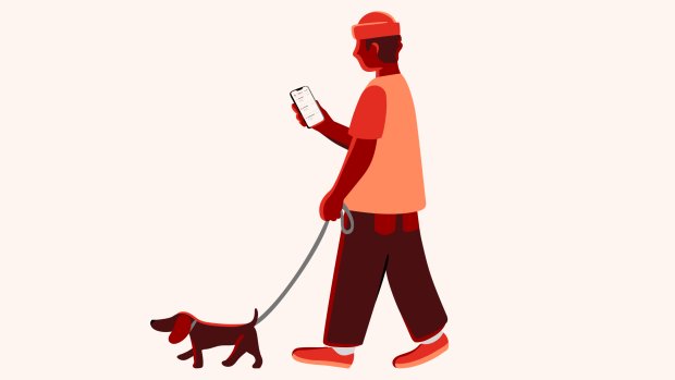 Illustrasjon av en ung mann som lufter en hund og holder en mobil i hånden